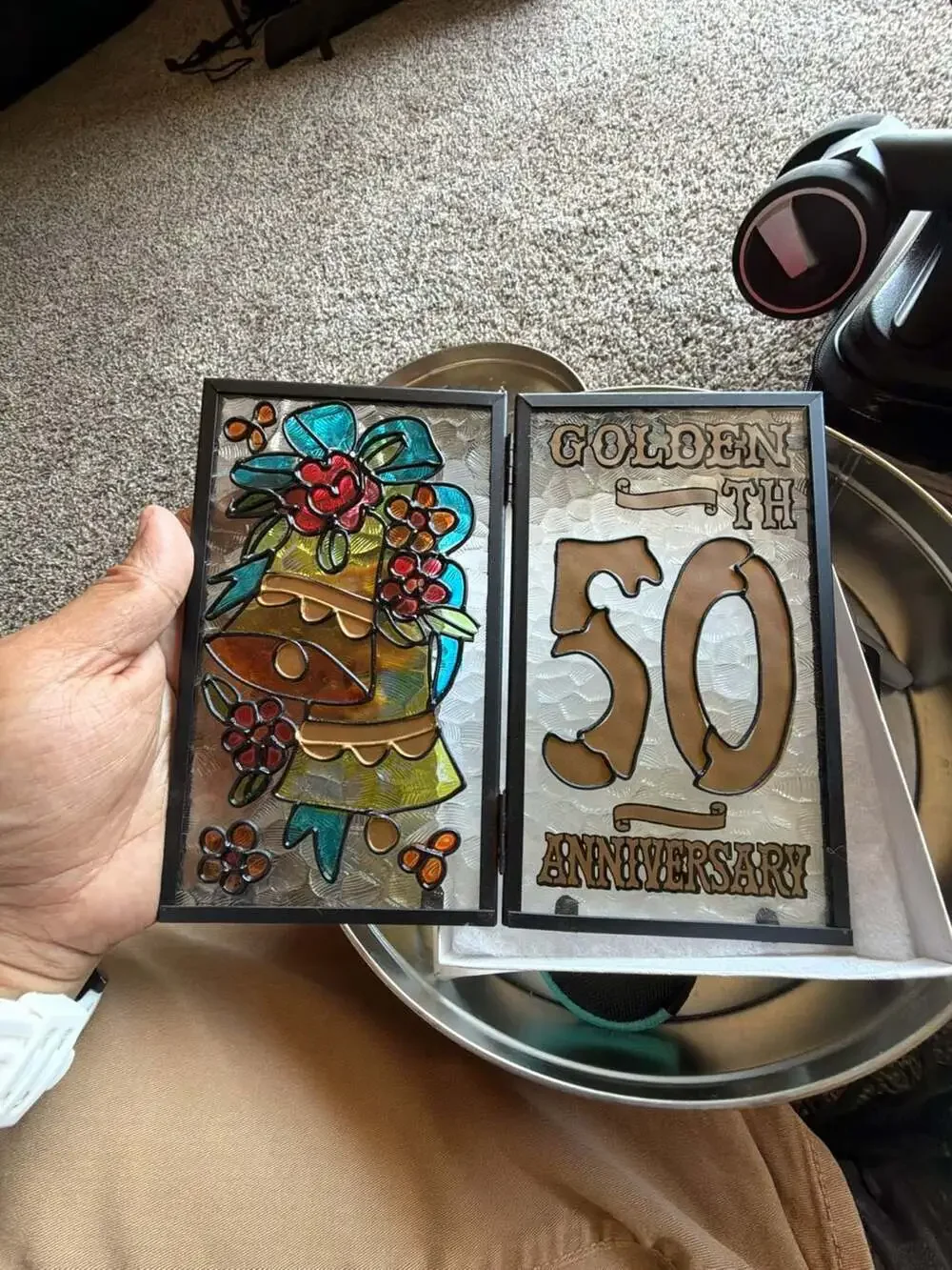 Vintage Golden 50th Anniversary Commemorative Stained Glass Folding Frame
